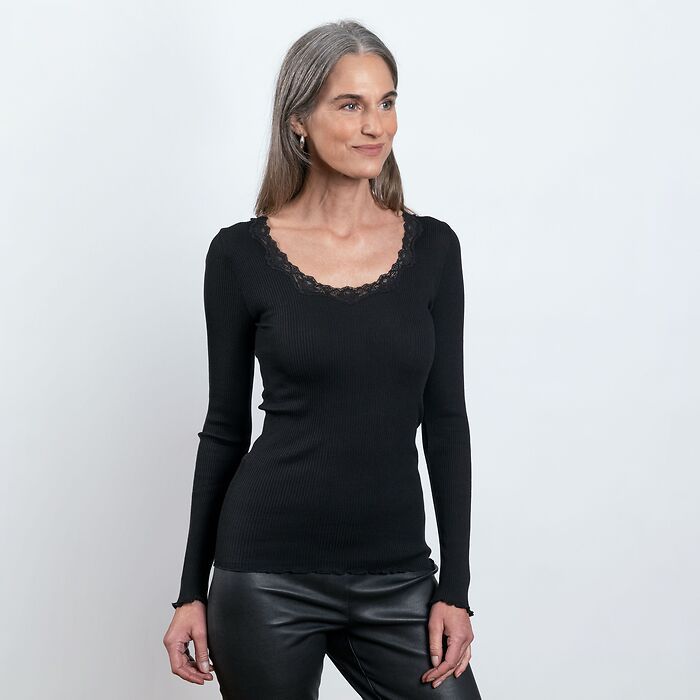 Rosemunde Langarm-Seidenshirt mit Spitze Babette Schwarz XL